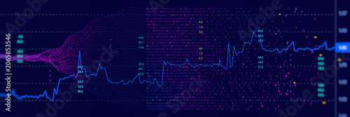 Financial data analytics visualization with stock market chart, binary code and digital data streams on futuristic technology background. Fintech, algorithmic, AI forecasting, investment analysis.