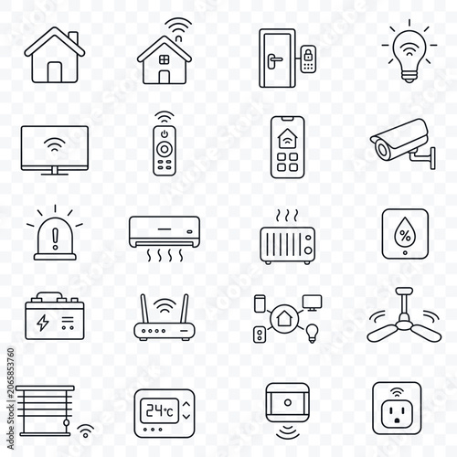Minimalist smart home icon set for home automation and internet of things systems with line art symbols for mobile apps and web design interfaces