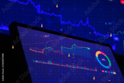 Financial dashboard on tablet screen with market charts, performance metrics and trading indicators. Fintech analytics, investment monitoring, business intelligence and data driven decision making.