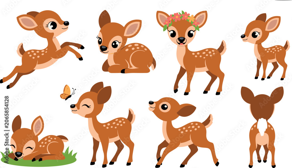 Fototapeta premium Cute baby deer character set with cartoon fawn poses for kids illustrations, woodland animal sticker designs, posters, and children books,