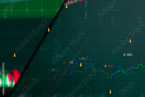 Green digital analytics grid with trend lines, numeric data and candlestick reflection illustrates dynamic trading interface. Concept stock market, forex brokers, crypto exchanges and fintech.