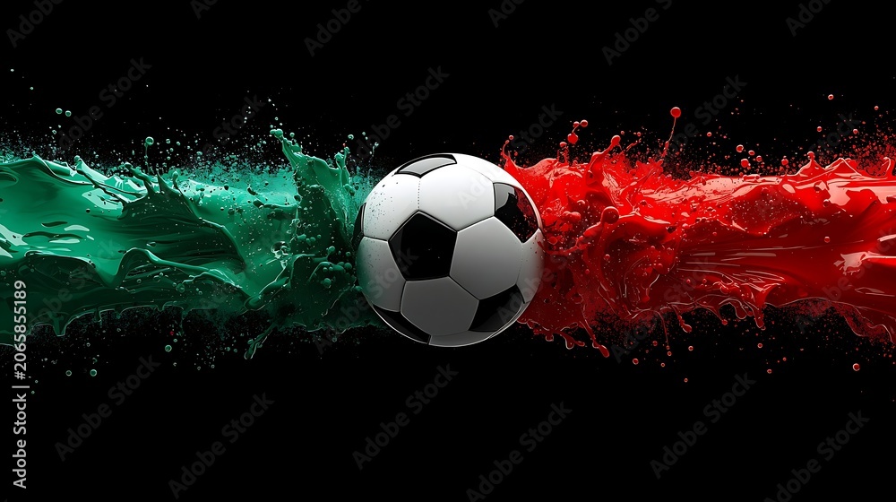 Fototapeta premium Soccer Ball Between Green and Red Liquid Splashes