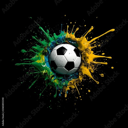 Soccer Ball with Green and Yellow Paint Splash Background