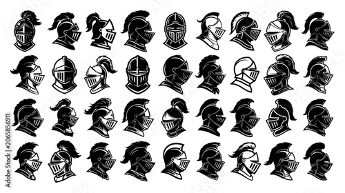 Принти на полотні Medieval knight helmet collection with diverse armored headwear designs in vinta