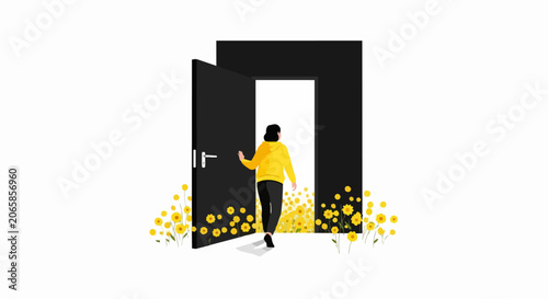 Woman Walking Through Door from Darkness to Light into Field of Yellow Flowers, Concept for New Beginnings and Hope