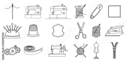 Foto Sewing and tailoring equipment icons set with dressmaking tools and hobby symbol