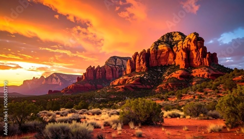 Dramatic sunset over ancient red rock formations.