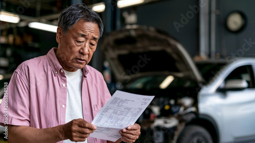 senior man reading car service repair bill in auto garage, vehicle maintenance invoice estimate cost concept