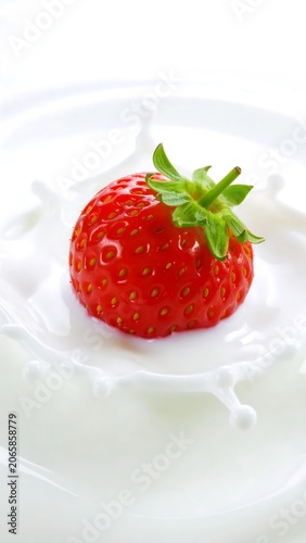 Fresh red strawberry with green leaves on white background.