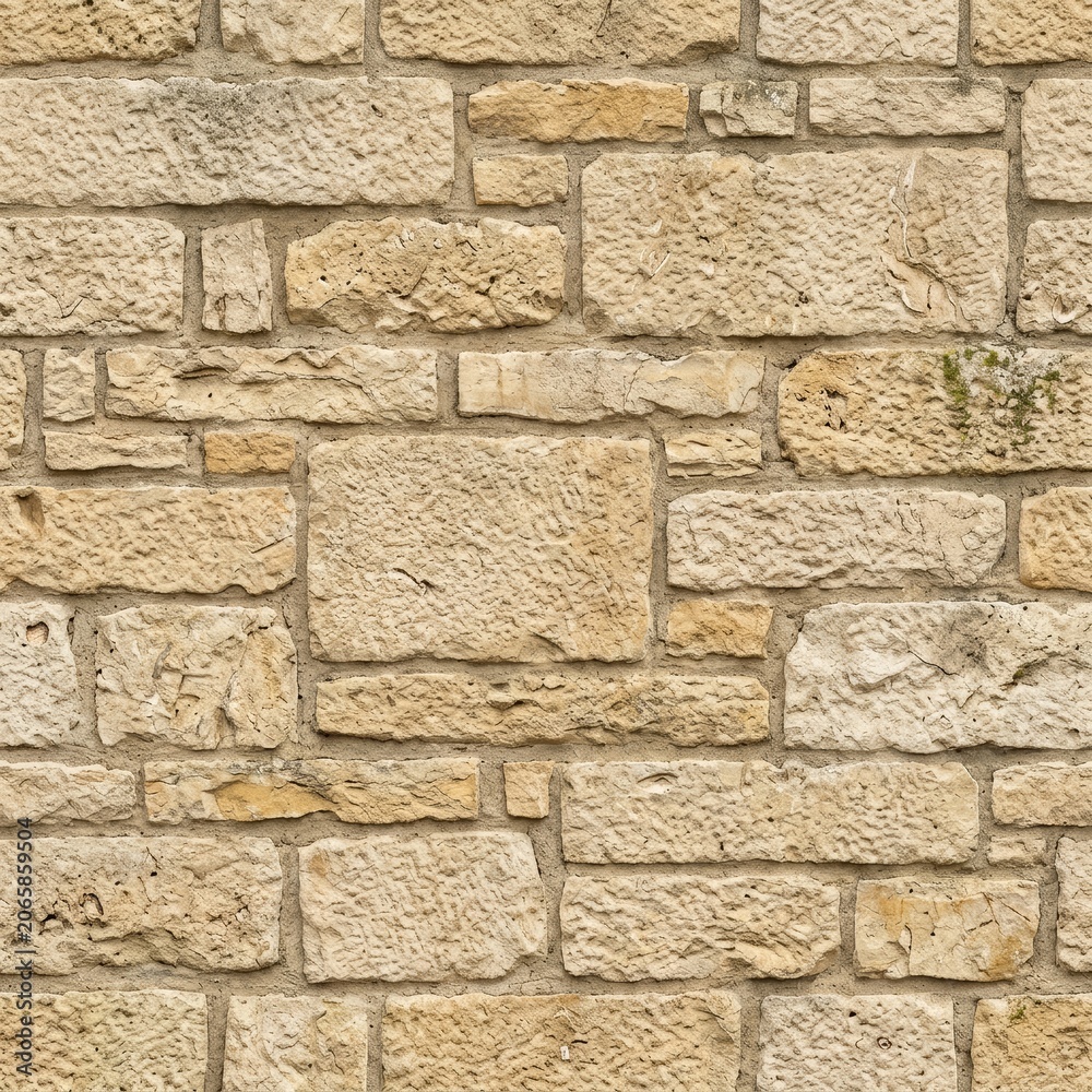 Obraz premium Seamless old weathered beige stone wall texture. Natural rustic rock pattern for backgrounds, architecture, construction, and vintage design projects.