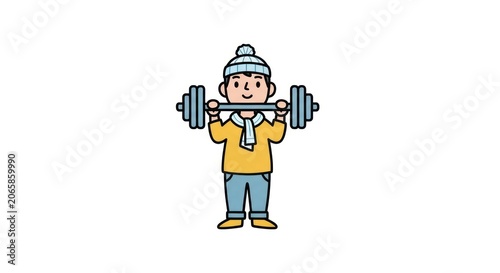 Cartoon man lifting dumbbells fitness exercise.