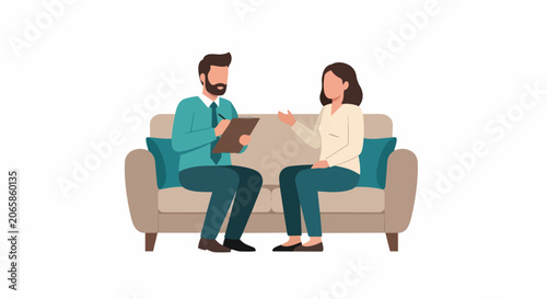 Vector Illustration of a Therapy Session with a Male Psychologist and a Female Client on a Sofa Isolated on White Background