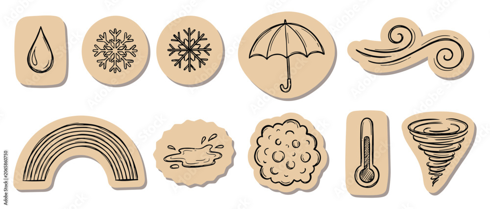 Naklejka premium Weather Scrapbook Sticker Set Vector Hand Drawn Raindrop Snowflake Umbrella Wind Rainbow Cloud Thermometer Tornado Craft Paper 