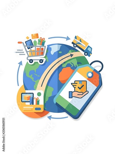 Colorful abstract illustration of a globe with vehicles.