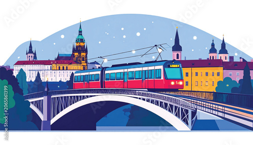 Red tram on a bridge at night.