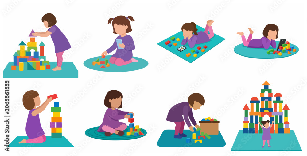 Fototapeta premium Little girl playing with colorful building blocks and using digital devices vector illustration set.