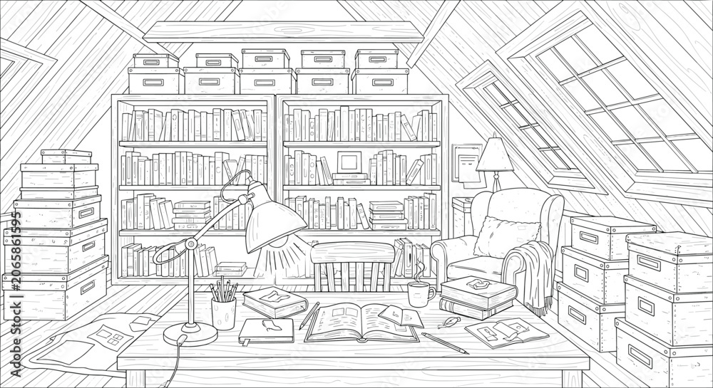 Obraz premium Cozy attic study room filled with books and boxes colouring page