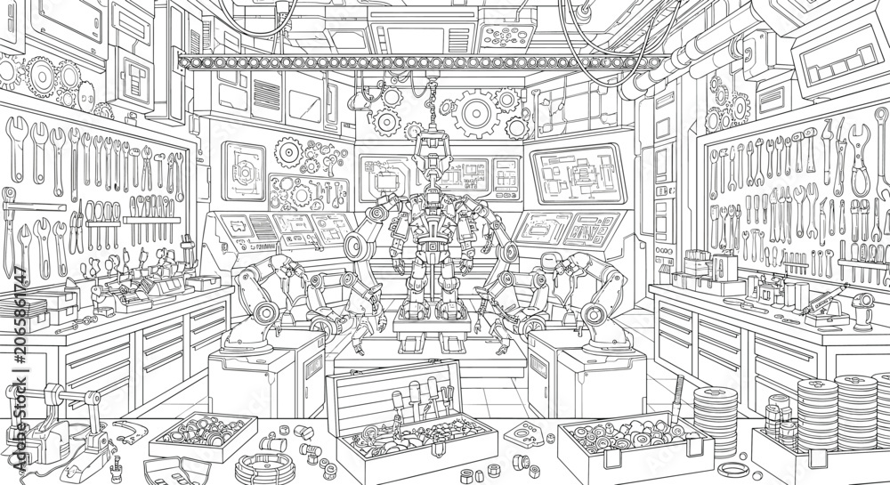 Obraz premium Futuristic workshop filled with mechanical tools and robotic parts colouring page