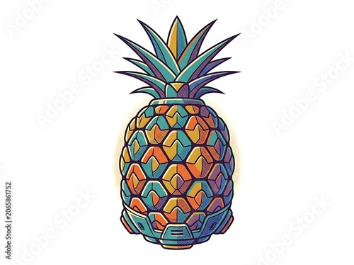 Colorful abstract illustration of a pineapple with tropical leaves.