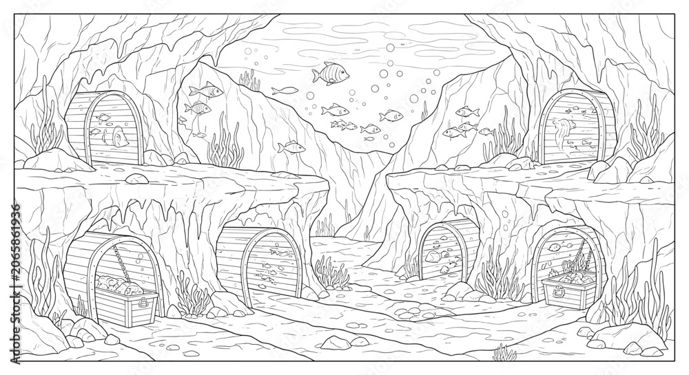 Obraz premium Mysterious underwater cave exploration scene for a fun colouring page sketch art