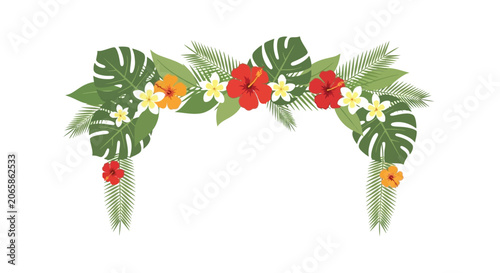 Tropical Floral Archway Decoration with Palm Leaves and Hibiscus Flowers