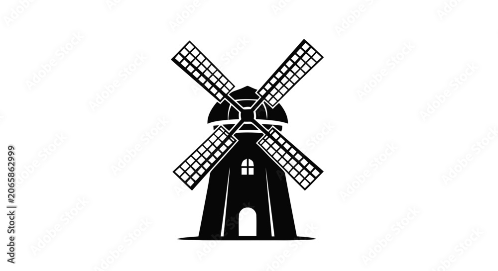 Obraz premium Vector illustration of black and white silhouette of a traditional windmill icon on a transparent background