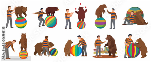 Billede på lærred Collection of flat illustrations featuring a bear and its trainer performing var