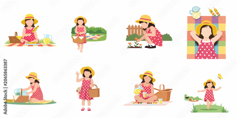 Fototapeta premium Collection of cute little girl character enjoying picnic activities in summer park, vector illustration.