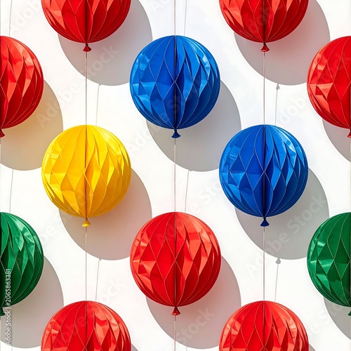 Colorful inflatable balls arranged in grid pattern.