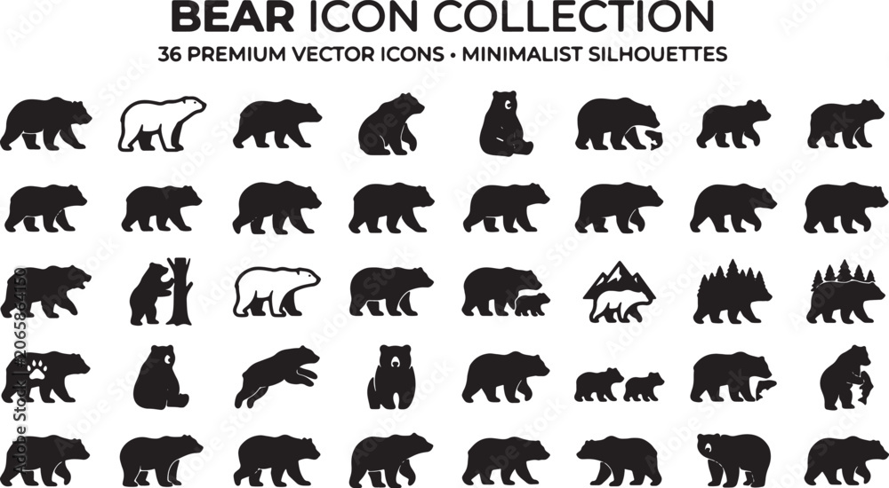 Obraz premium Collection of Bear Icons in Minimalist Silhouettes for Design Use