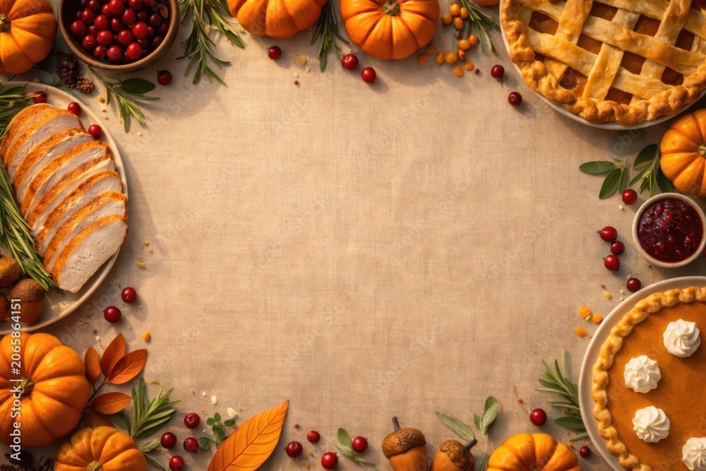 Fototapeta premium Festive Thanksgiving day background layout featuring sliced roasted turkey, pumpkin pies, fresh pumpkins, cranberries, and autumn leaves around empty rustic copy space.