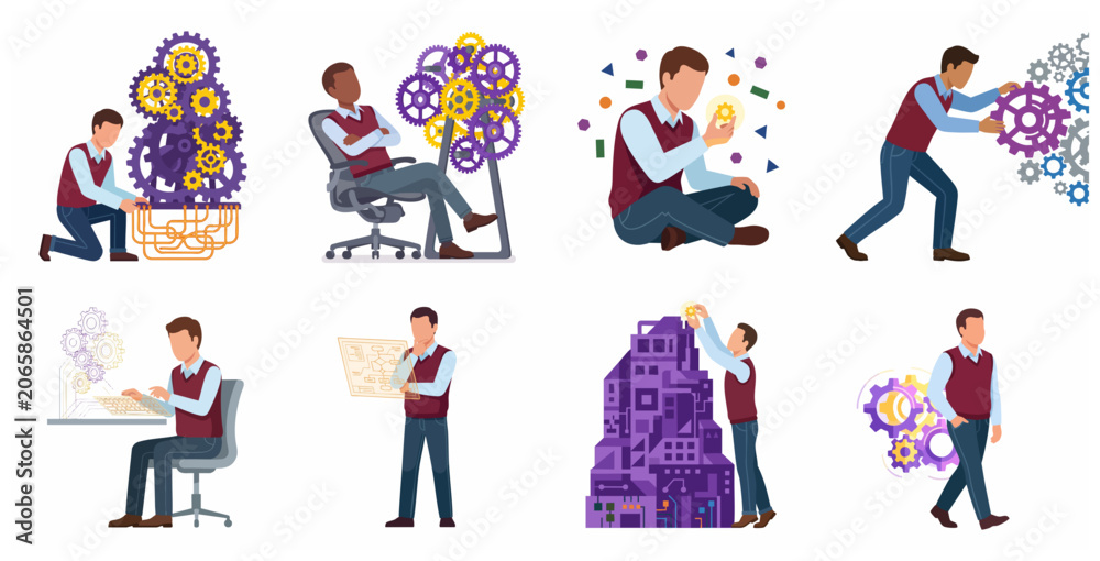 Naklejka premium Business innovation and technology system development concept illustrations featuring a professional male character working with gears and digital interfaces.