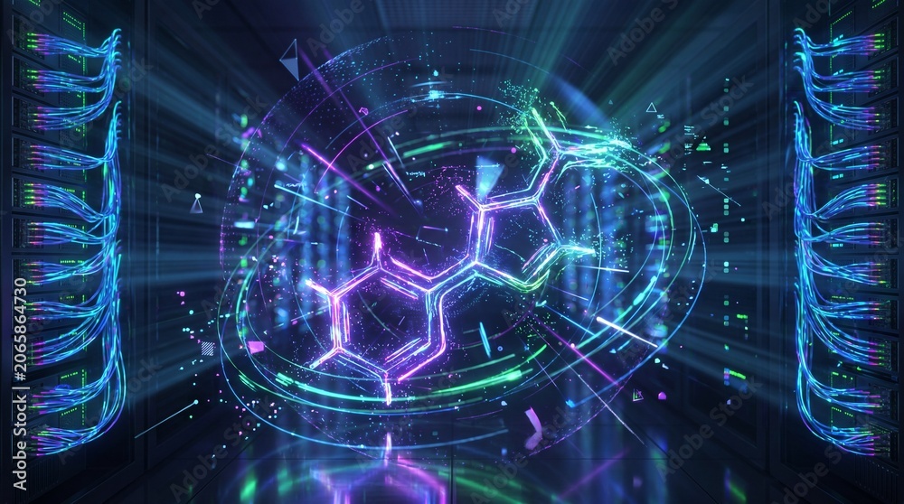 Fototapeta premium Glowing molecule structure in futuristic server room for pharmaceutical drug discovery