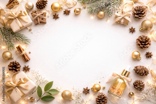 Christmas flat lay frame on a white background with beautifully wrapped gifts, gold ornaments, pine cones, star anise, glowing fairy lights, and a luxury cosmetic bottle.