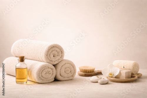 A relaxing spa setting featuring three rolled white cotton towels, a glass bottle of massage oil, a wooden brush, smooth stones, and a delicate orchid flower on a beige surface.