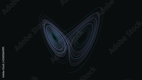Lorenz strange attractor chaos theory glowing lines on dark background with copy space