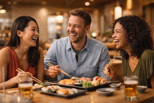 A group of three happy multiethnic friends laughing out loud while enjoying a fresh sushi and sashimi platter with beer at a modern Japanese restaurant.