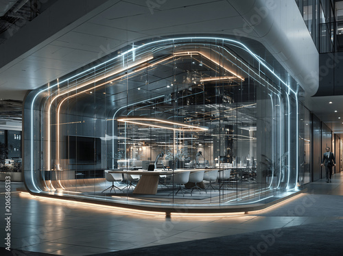 Futuristic glass-enclosed conference room lined with glowing neon blue light strips sits inside industrial-style modern office space with wooden table and curved white chairs nearby suited businessman