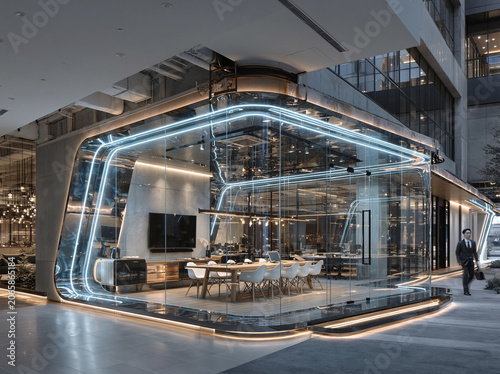 Futuristic glass-enclosed conference room lined with glowing neon blue light strips sits inside industrial-style modern office space with wooden table and curved white chairs nearby suited businessman