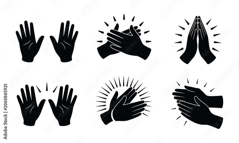 Fototapeta premium Applause Icon Set. A collection of graphic icons depicting hands in various states of clapping and praying, symbolizing appreciation and respect.