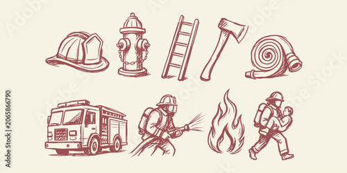 firefighting elements and firefighter doodle icon set with fire truck helmet hydrant ladder axe hose and rescue operation vector illustration