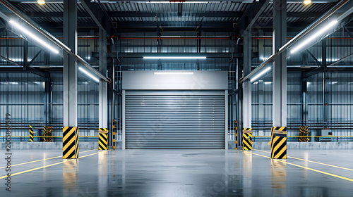 Empty industrial warehouse interior with metal structures and roller doors