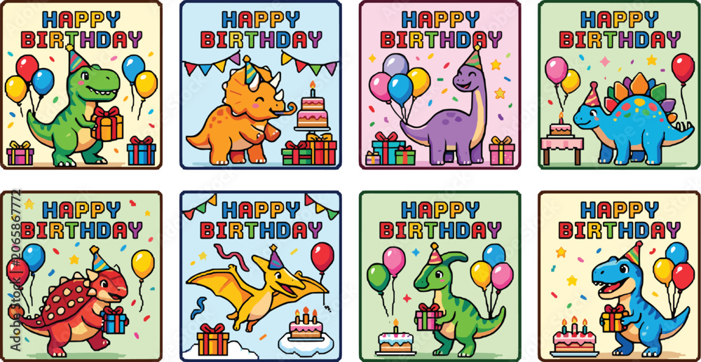 Obraz premium Cute Cartoon Dinosaur Happy Birthday Greeting Card Set with Colorful Balloons Cakes and Gifts for Kids Party Invitation Designs