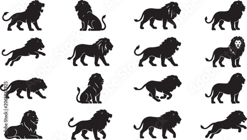 Tableau sur toile Set of various lion silhouettes on transparent background for design and illustr