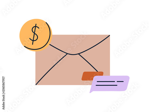 Financial email notification concept, money letter envelope with dollar coin and speech bubble message, payment and communication design element flat vector illustration isolated on white background.