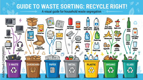 Guide to Waste Sorting Recycle Right Infographic Set with Colored Trash Bins and Sorted Household Garbage Items for Environmental Education Poster Design