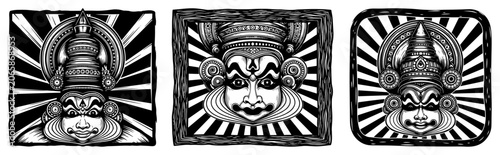 Fotografia Kathakali dancer face with elaborate headgear and sunburst rays in vintage woodc
