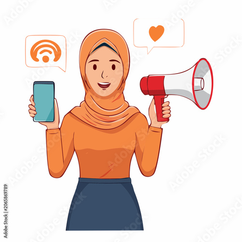 Woman in Hijab with Smartphone and Megaphone, Social Media Communication
