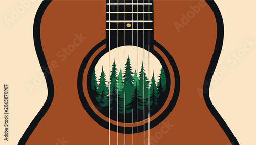 Foto Acoustic guitar with a forest landscape inside the sound hole