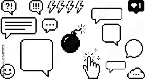 Pixel Art Retro Computer Interface Line Icon Set with Lit Bomb Click Hand Pointer Lightning Bolts and Empty Speech Bubbles for Graphic Designs